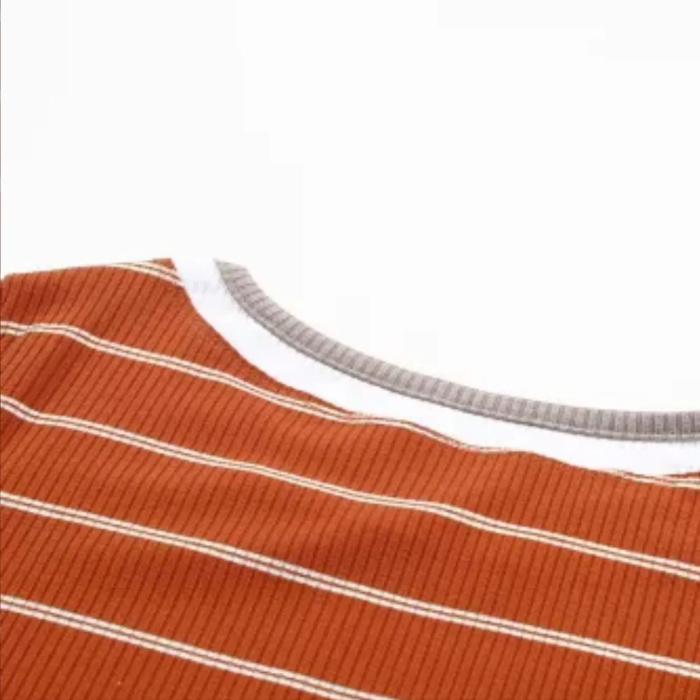 New Brown Extend Color Block Cuffs Rib Knit Striped Pullover - Picture 9 of 16